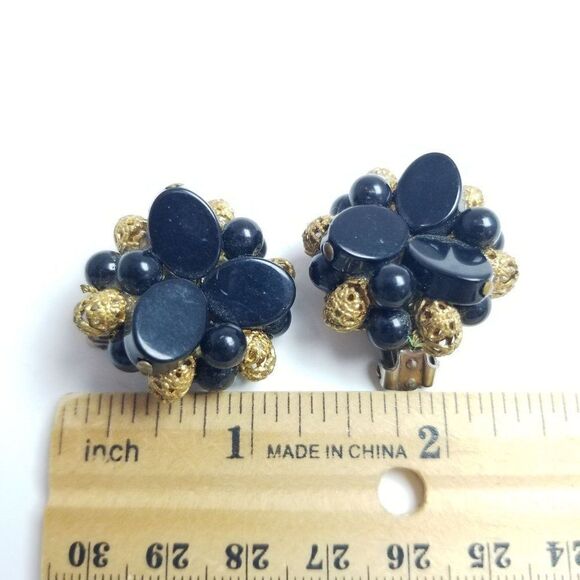 Vintage Retro Black Beaded Cluster Clip On Earrings, Retro Estate - Picture 3 of 6